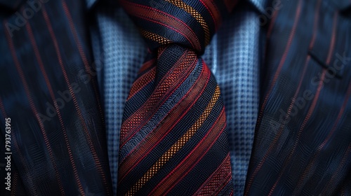 Rich crimson and chocolate diagonal striped tie draped over a dark navy tailored blazer, poised on a subtle gradient backdrop for a classic menswear ensemble.