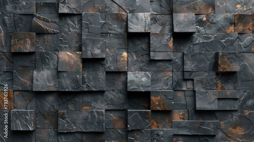 A modern geometric pattern on the wall with dark gray and black tiles laid out in an intricate pattern. The surface texture is textured like stone or marble.