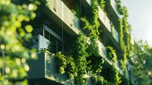 Green building in the city with a vertical garden and plants on the facade, sustainable architecture concept. Wide angle photo of an eco-friendly modern office or home with a green roof.