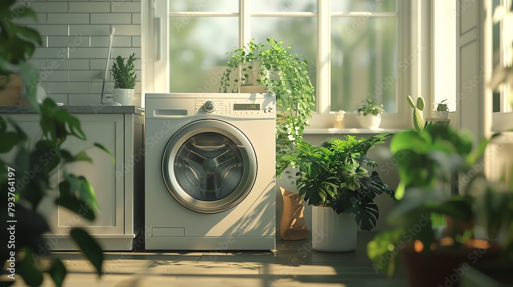 Fototapeta premium A washing machine in a bright room with lots of plants