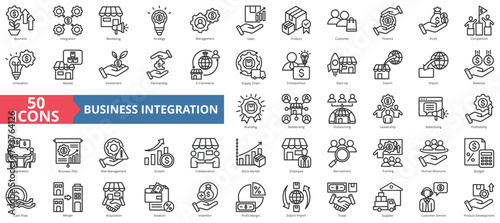 Business integration icon collection set. Containing collaboration, marketing, strategy, management, sales, product, customer icon. Simple line vector.