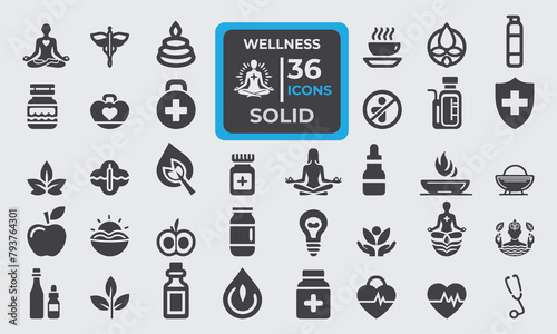 Set of 36 solid icons related to wellness, wellbeing, mental health, healthcare, cosmetics, medical. Solid icon collection. Editable fill. Vector illustration