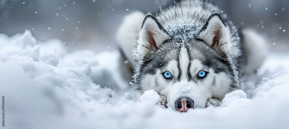 Majestic siberian husky puppy with mesmerizing blue eyes enjoying snowy adventures
