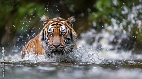 Amur Tiger Playing in The Water, Siberia. Dangerous Animal, Russia. Animal in Green Forest Stream. Siberian Tiger Splashing Water