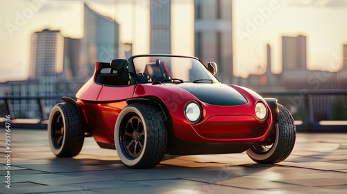 side view of a red electric small urban compact hatchback with round headlights and large black wheels parked on the street in front of a city restaurant, daytime. © Светлана Канунникова