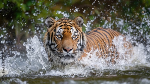 Amur Tiger Playing in The Water  Siberia. Dangerous Animal  Russia. Animal in Green Forest Stream. Siberian Tiger Splashing Water