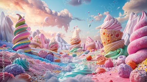 Surreal dessert scene with conical treats in soft-hued twists standing amidst a landscape of candies © maniacvector