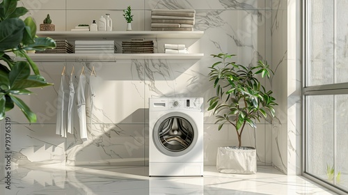 Modern and luxurious laundry room with washing machine, beige color scheme, plants, marble flooring, bright lighting, white walls and shelves for storing cleaning supplies.