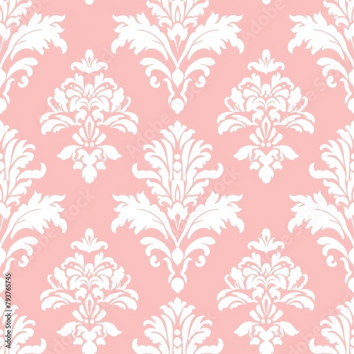 Seamless soft pink and white floral damask pattern. Fabric Pattern.