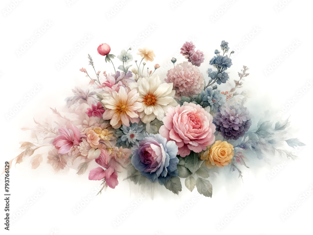 Bouquet of pastel flowers with green foliage on a white background