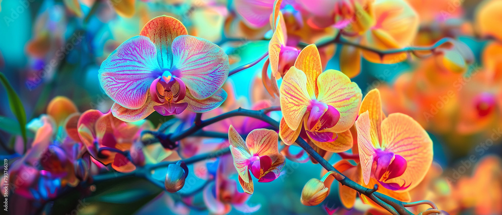 Vibrant orchids in various colors and styles displayed in a raw, artistic arrangement on shelf.