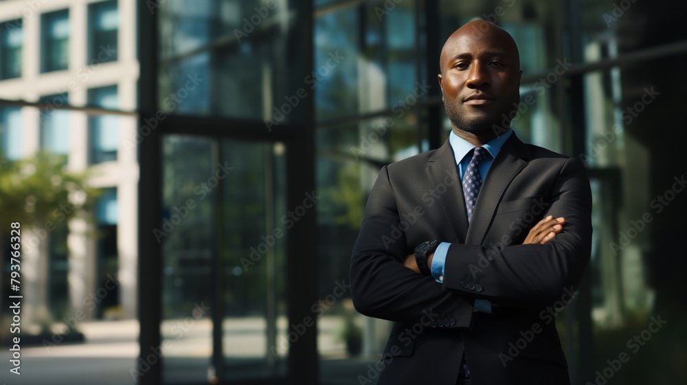 Fototapeta premium Portrait of a corporate manager, A dignified black businessperson exuding professionalism and confidence, poised for success