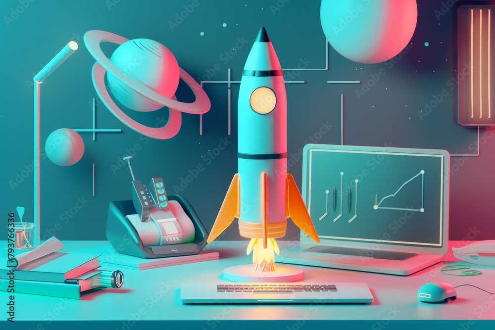 Rocket Or Computer Detailed design of rocket and laptop in a modern setting Stock ...