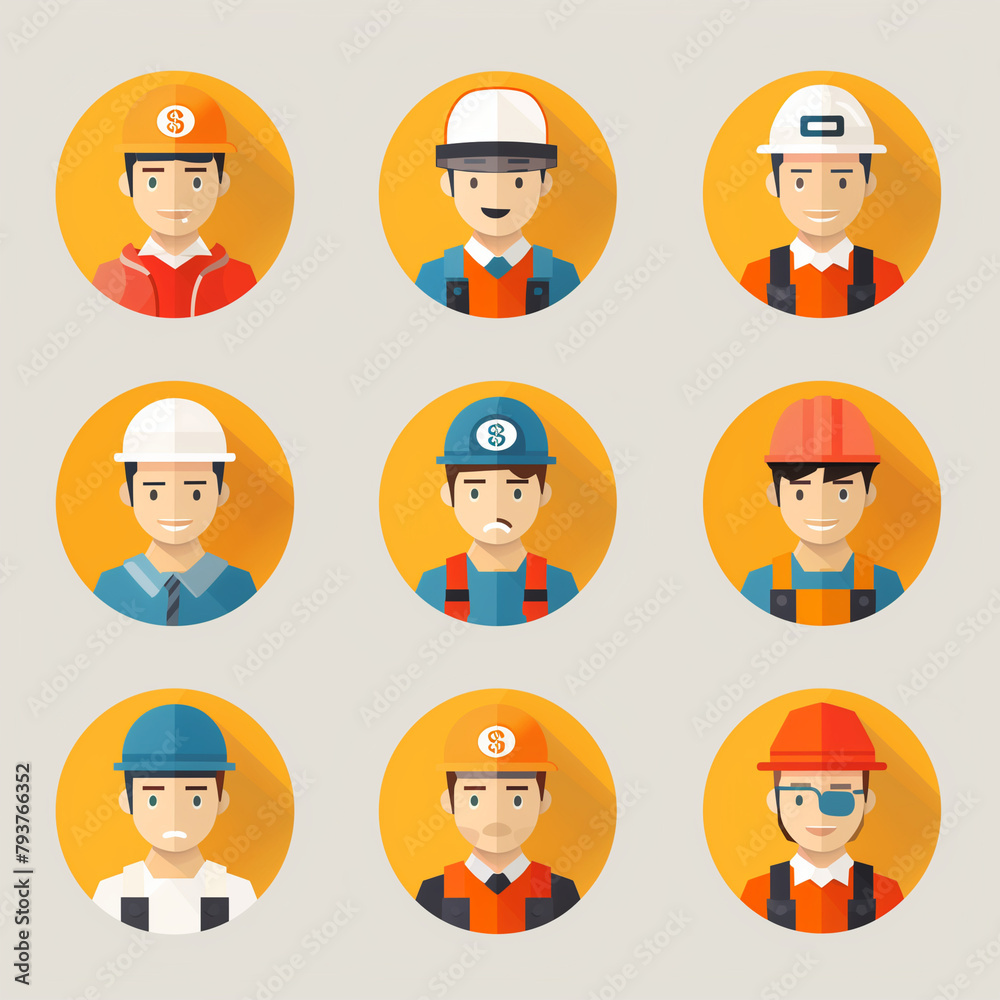 Nine avatars representing diverse professions in construction and engineering with safety helmets. Generative Al Nine avatars representing diverse professions in construction and engineering with safety helmets. Generative Al