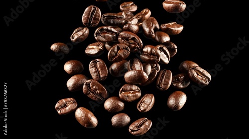 Levitating roasted coffee beans on black background a dynamic display of flying coffee beans