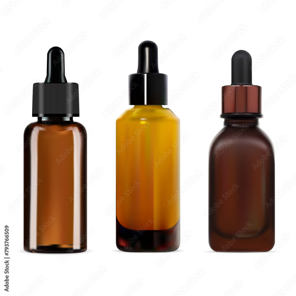 Beauty serum dropper bottle mockup. Essential oil bottle, vector illustration. Medical treatment product package template. Collagen flask with eyedropper, natural face medicine. Aromatherapy product