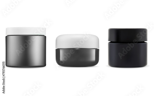 Face cosmetic cream jar, vector container template design. Realistic round container for body scrub of face powder. Empty glossy can mockup for cosmetic butter, skin care product