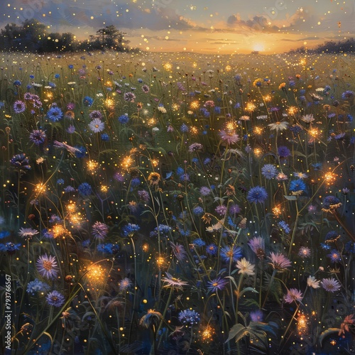 Fireflies, like tiny flickering stars, illuminated a field of wildflowers bathed in the soft, golden light of dusk