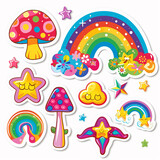Set of colorful stickers with mushrooms, stars and rainbow. 