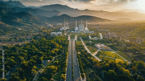 Aerial shot of Islamabad, the capital city of Pakistan showing the landmark Shah Faisal Mosque and the lush green mountains of Margala Hills photo