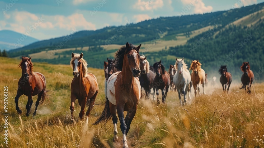 American Paint Horse in the Herd and Running, 8K Landscape Photo Realistic