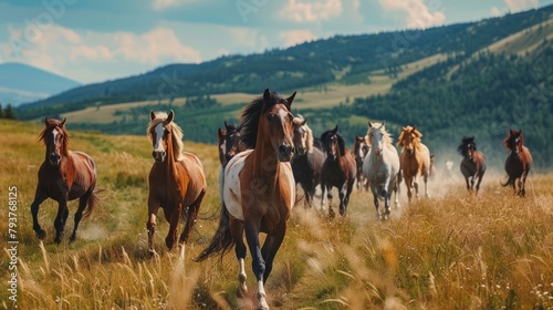 American Paint Horse in the Herd and Running, 8K Landscape Photo Realistic © sania