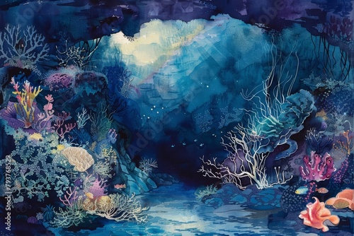 The dramatic vista of a deepsea trench comes to life in watercolor, with dark indigo depths highlighting the mysterious creatures that inhabit this lesserknown part of the ocean photo