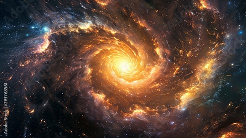 Artistic rendition of celestial orbs in a spiraling galaxy scene unfolding against a textured dark universe