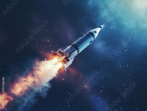 The dynamic movement of a rocket lifting off into space, set against a calming blue hue that symbolizes the limitless possibilities of a startup venture
