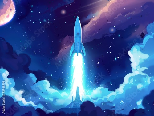 The dynamic movement of a rocket lifting off into space, set against a calming blue hue that symbolizes the limitless possibilities of a startup venture photo