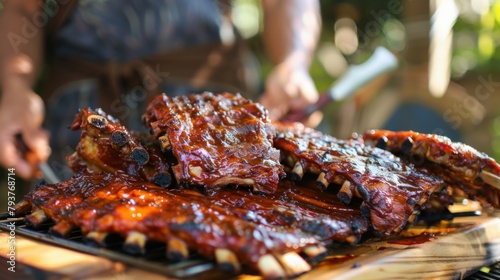 A barbecue enthusiast showing off a platter of homemade pork ribs, proud of their grilling skills.