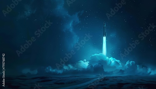 The futuristic silhouette of a rocket taking flight on a background of rich, cerulean blue, capturing the essence of a business launch into the unknown photo