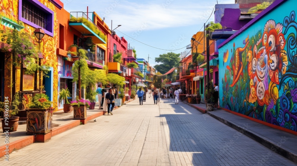 A bustling street filled with colorful buildings and diverse people walking and exploring