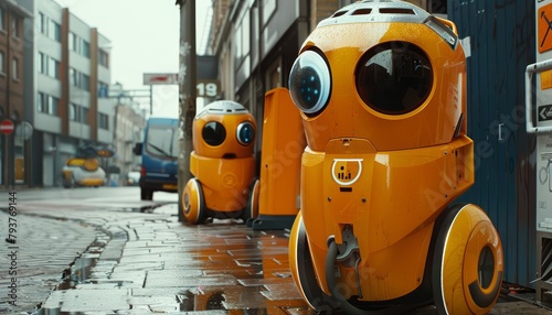 Waste disposal robots, resembling adorable robotic rolypolies, roamed freely, cleaning cities with playful efficiency photo