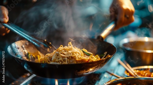 A chef skillfully preparing Pad Thai noodles in a wok, capturing the essence of Thailand's most iconic dish.