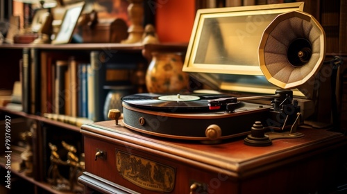 A record player gracing a wooden table, ready for a vibrant performance photo