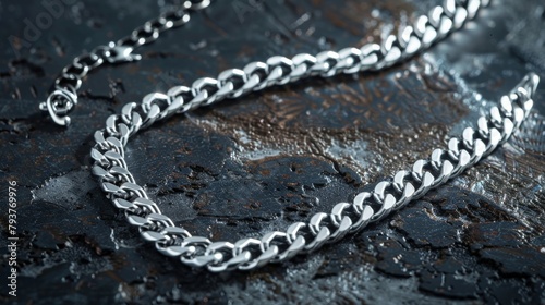 Elegant 925 sterling silver cuban chain link on a background surface showcasing a luxurious design and reflective quality. Product design inspiration for jewelry