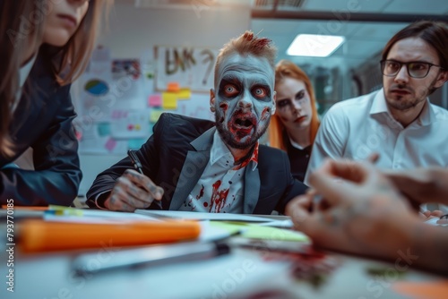 Zombie entrepreneur pitching a business idea to unimpressed living investors, comedic and surreal office scenario