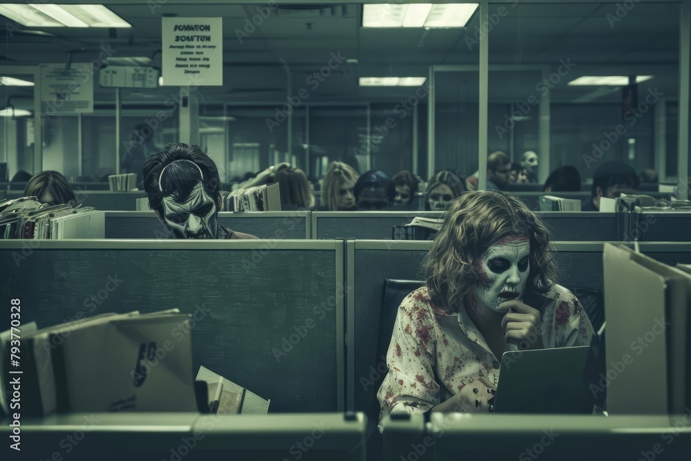 Zombie office workers in cubicles, tirelessly typing, metaphor for mindless adherence to corporate culture - obrazy, fototapety, plakaty 