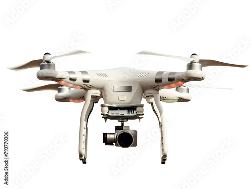 A flying drone isolated on transparent background.