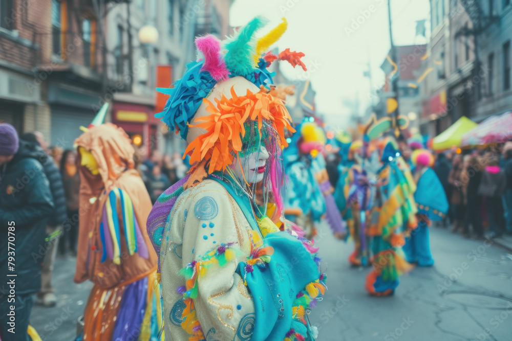 Colorful Clown in Eccentric Costume and Makeup Enjoying Carnival Celebrations in a Busy Street
