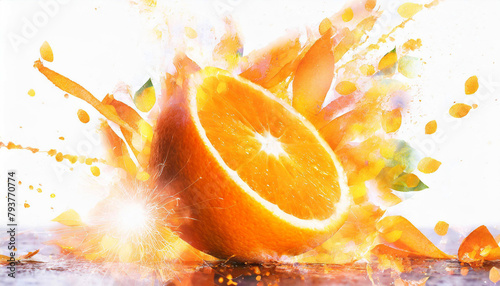 Explosion d'une orange sur fond blanc