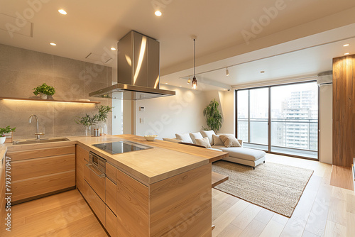 Modern Tokyo high-rise studio apartment with minimalist design, featuring natural wood accents and soft afternoon light.