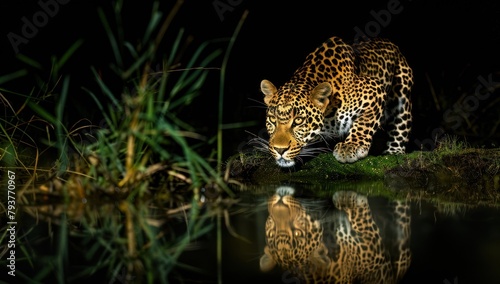 Beautiful leopard in nature, A leopard is drinking water by the river, With Black Background.