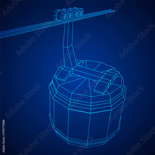 Cable car cabin gondola. Funicular simple cableway concept. Wireframe low poly mesh vector illustration