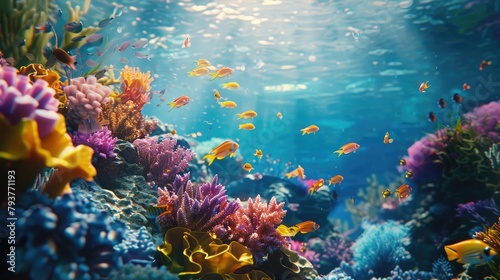 An underwater coral reef ecosystem, with colorful fish, corals, and marine life thriving in harmony, illustrating the richness of marine biodiversity.