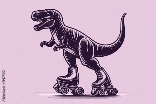 Tyrannosaurus on roller skates. Funny. Vintage retro engraving illustration. Black icon, isolated element	