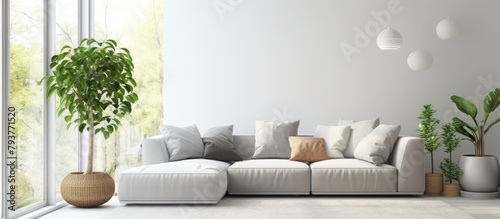 White sofa, cushions, plant in a room