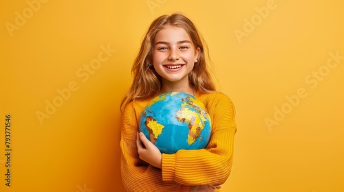 A young girl is celebrating Earth Day. She's hugging a globe, which represents the Earth, and she's standing in front of a yellow background