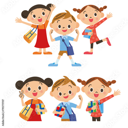 学校や塾に通う仲良し子供達の全身と上半身のイラスト 